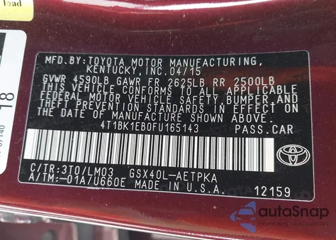 2015 Toyota Avalon Limited z USA, uszkodzony, nr VIN 4T1BK1EB0FU165143